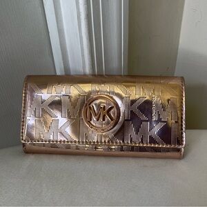 Michael Kors Metallic Rose Gold MK Logo Continental Wallet